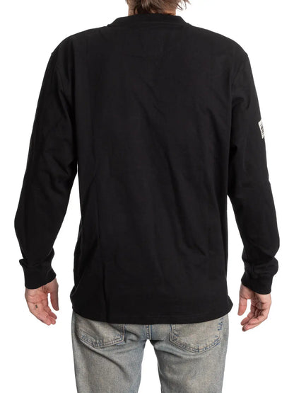 Back view of Calhoun Surf N' Skate Boston Bruins henley shirt, long sleeve fan apparel with Bruins logo on the back.