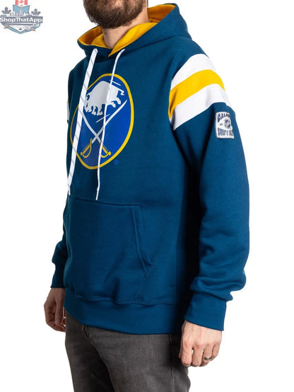 Buffalo Sabres hoodie with retro varsity design, featuring team logo and bold colors, by Calhoun Surf N' Skate.