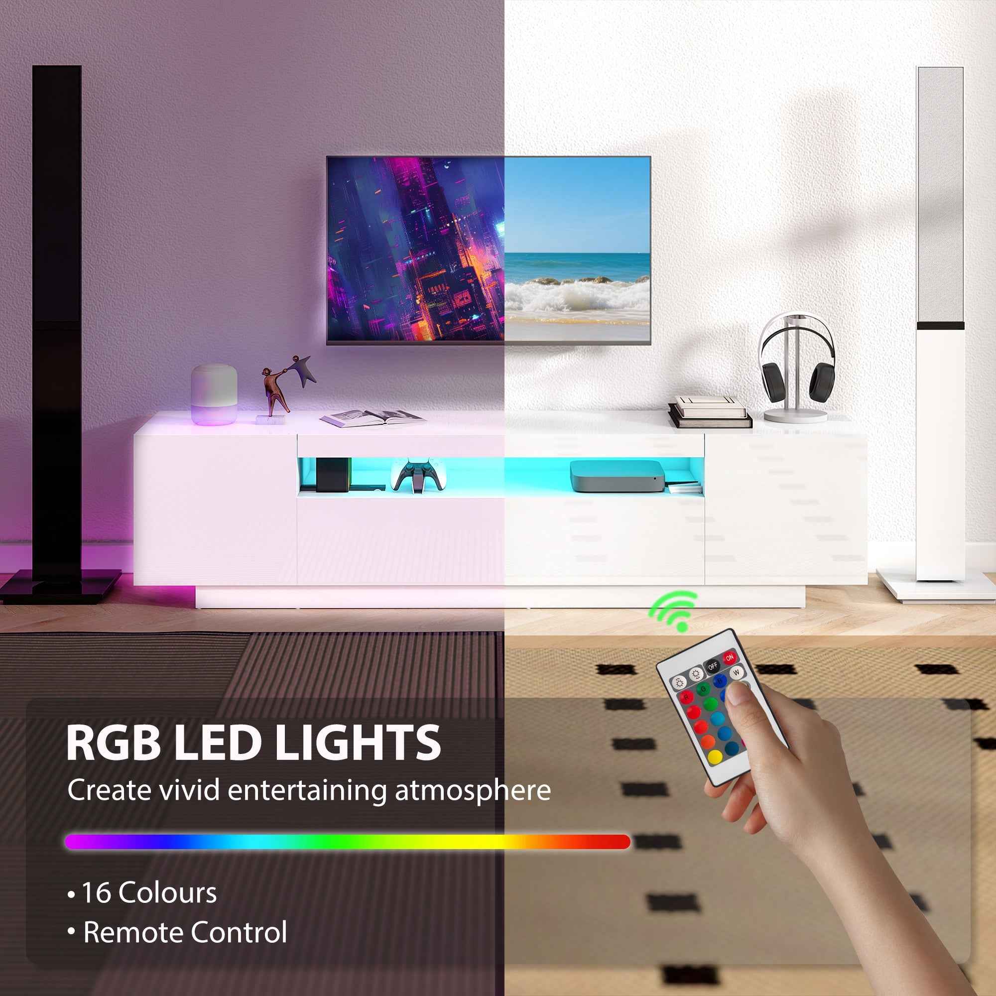 Greer Modern TV Stand with RGB LED Lights-for 65-85" TVs-High Gloss White
