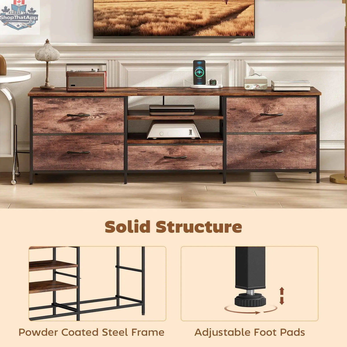 Rustic brown Jamie TV stand with built-in charging station for TVs up to 70 inches, SLOTH Nation home living room furniture.