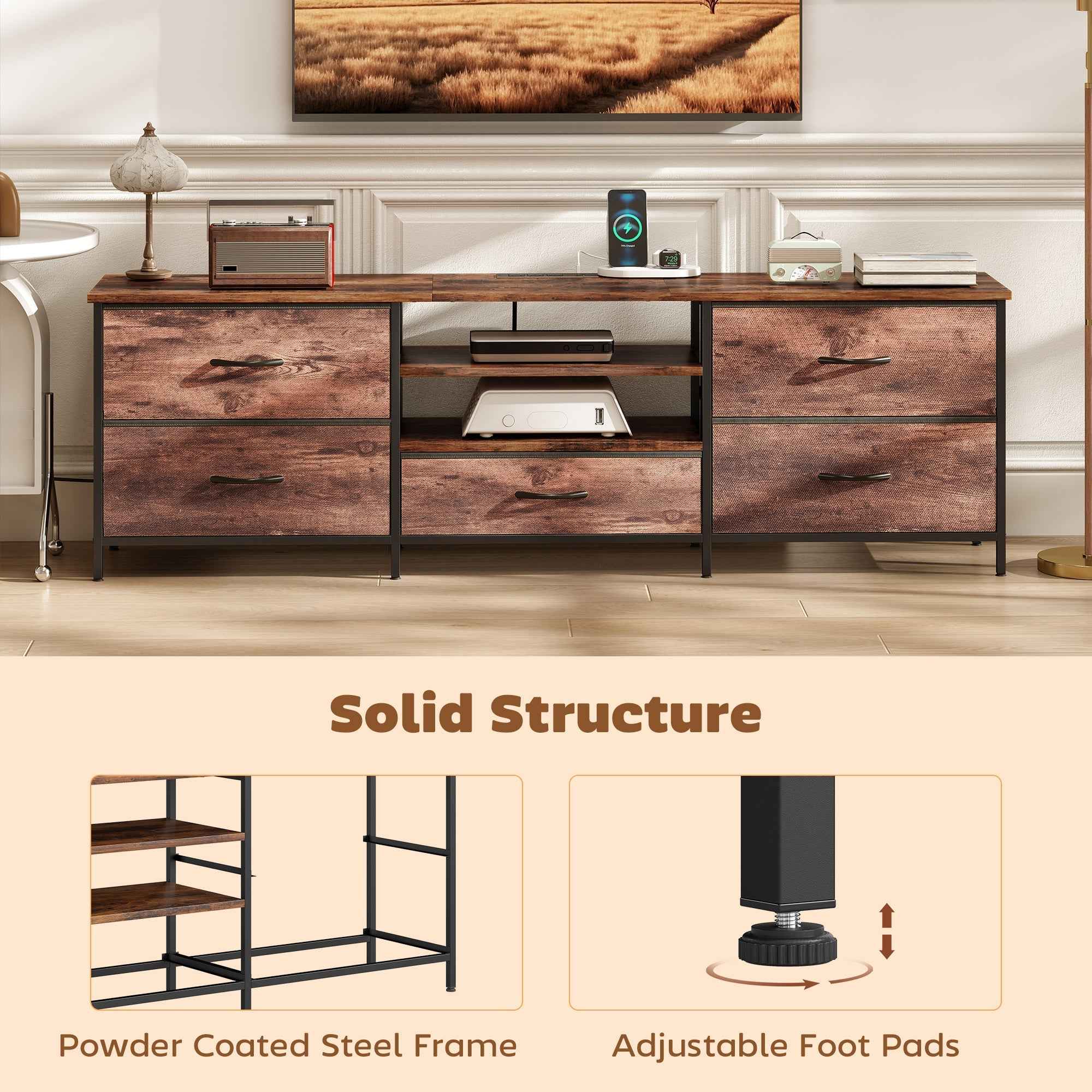 Jamie TV Stand with Charging Station for TVs up to 70 Inches-Rustic Brown