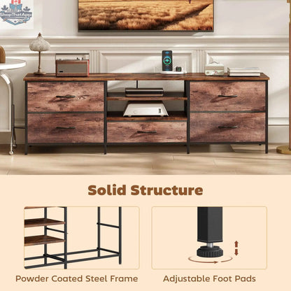 Rustic brown Jamie TV stand with built-in charging station for TVs up to 70 inches, SLOTH Nation home living room furniture.