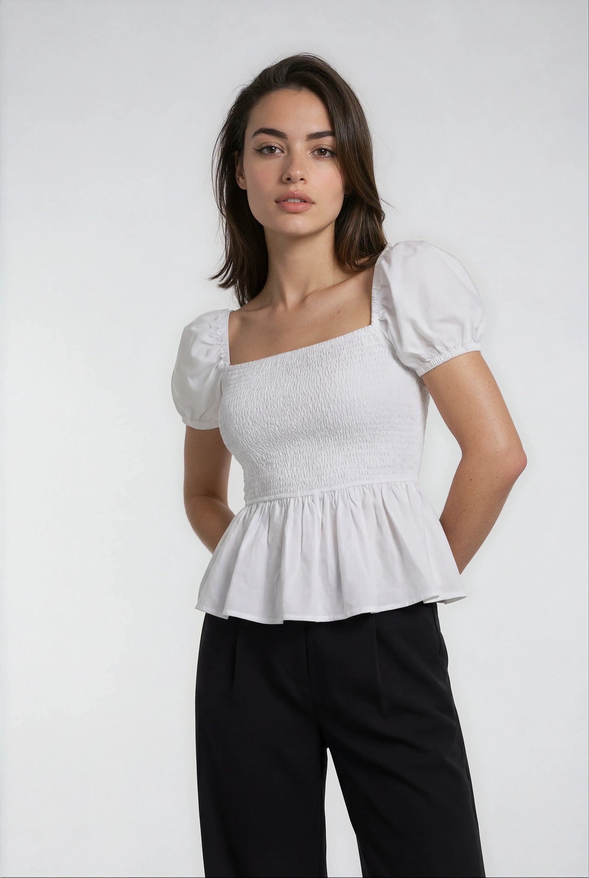 Sera Cotton Poplin Puff Sleeve Blouse Top in White - Elegant Peplum Design - Shopthatapp.ca