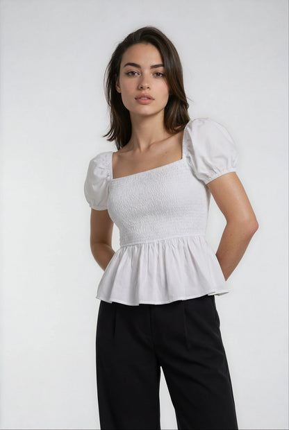 Sera Cotton Poplin Puff Sleeve Blouse Top in White - Elegant Peplum Design - Shopthatapp.ca