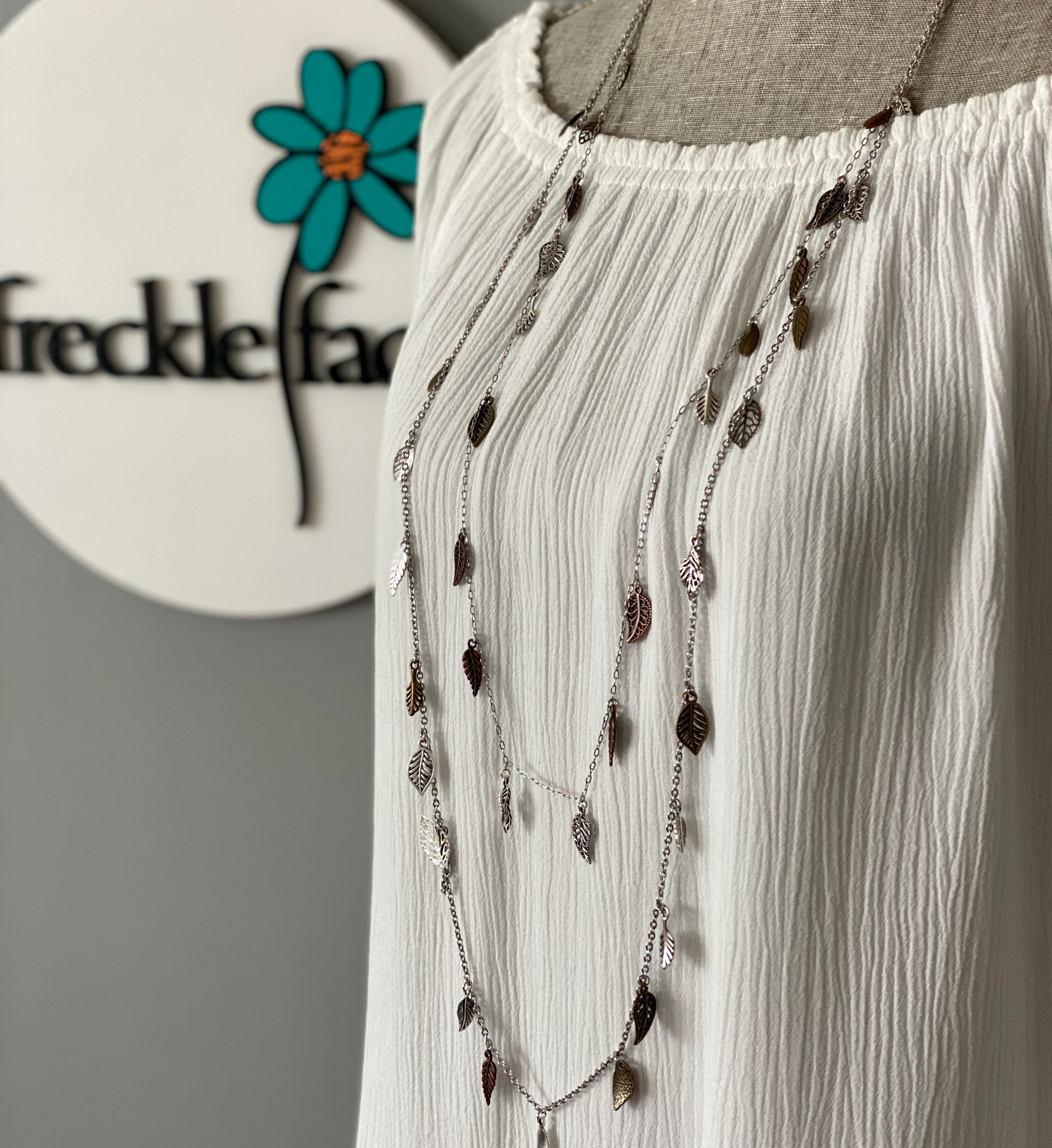 Waterfall Leaf Necklace – Long Layering Chain with Cascading Silver & Mixed Metal Leaves - Shopthatapp.ca