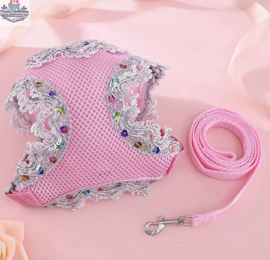 Crystal Dog Harness and Leash Set - Luxury Lace Designer Pet Wear - Shopthatapp.ca