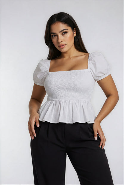 Sera Cotton Poplin Puff Sleeve Blouse Top in White - Elegant Peplum Design - Shopthatapp.ca