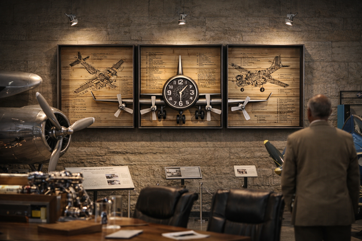 Metallic Vintage Airplane Wall Art with Clock, Set of 3--www.Shopthatapp.ca-Peterson Housewares & Artwares