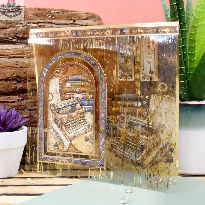 Precut 3D card toppers from Ecstasy Crafts' A Note to Say... Luxury Topper Set, featuring intricate clockwork designs for greeting cards.
