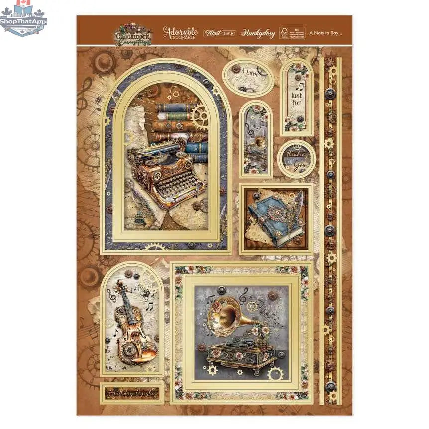 Precut 3D card toppers featuring clockwork designs from Ecstasy Crafts' A Note to Say... Luxury Topper Set.