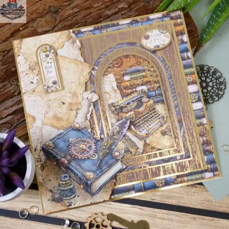 Precut 3D card toppers from Ecstasy Crafts' A Note to Say... Luxury Topper Set featuring clock and vintage design elements.