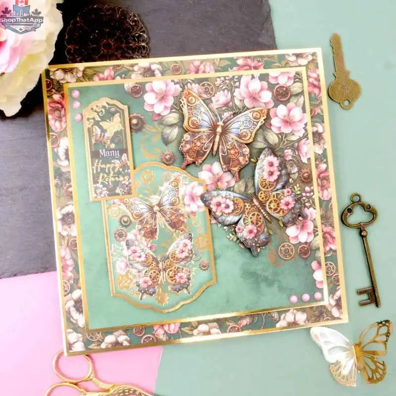 Precut 3D card toppers from Ecstasy Crafts' Clockwork Curiosities Luxury Topper Collection, featuring intricate mechanical designs.
