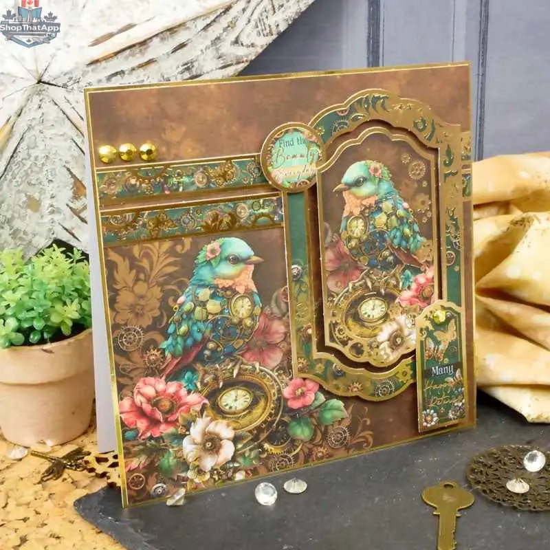 Precut 3D card toppers from Ecstasy Crafts' Clockwork Curiosities Luxury Topper Collection featuring intricate clockwork and vintage design elements.