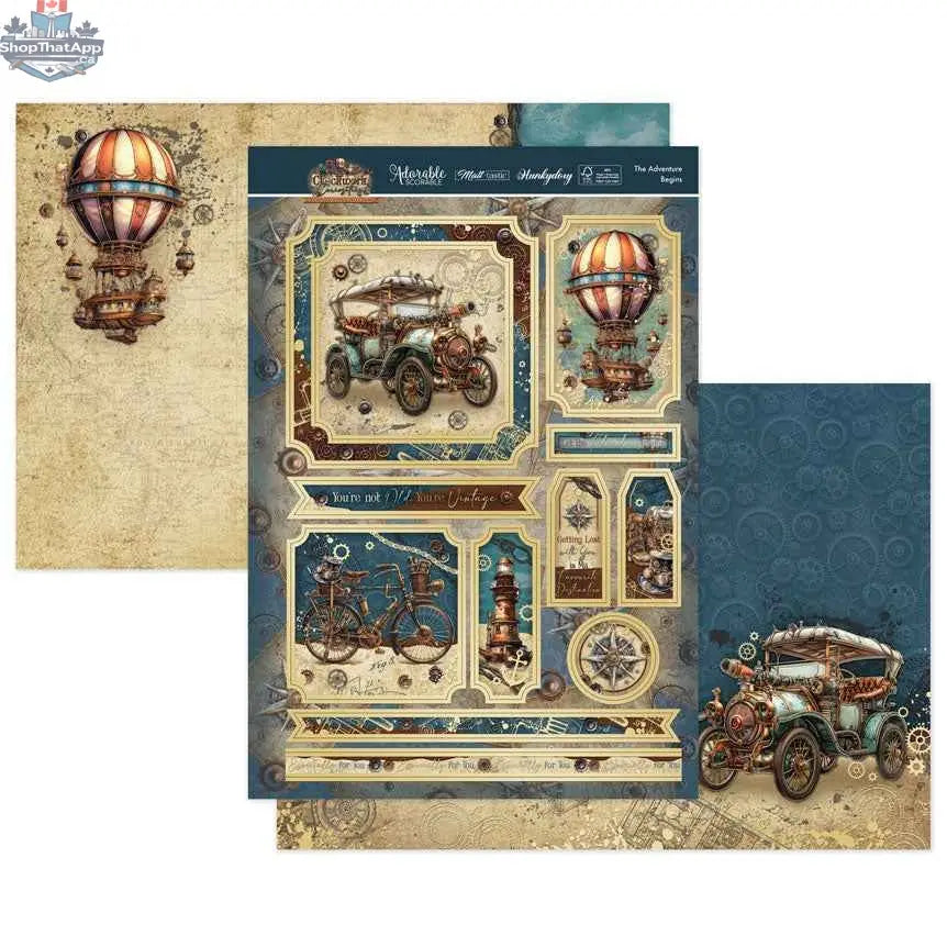 Precut 3D card toppers from Ecstasy Crafts' The Adventure Begins Luxury Topper Set, featuring intricate clockwork designs.