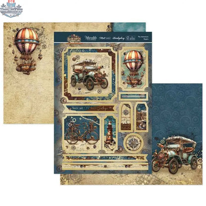 Precut 3D card toppers from Ecstasy Crafts' The Adventure Begins Luxury Topper Set, featuring intricate clockwork designs.