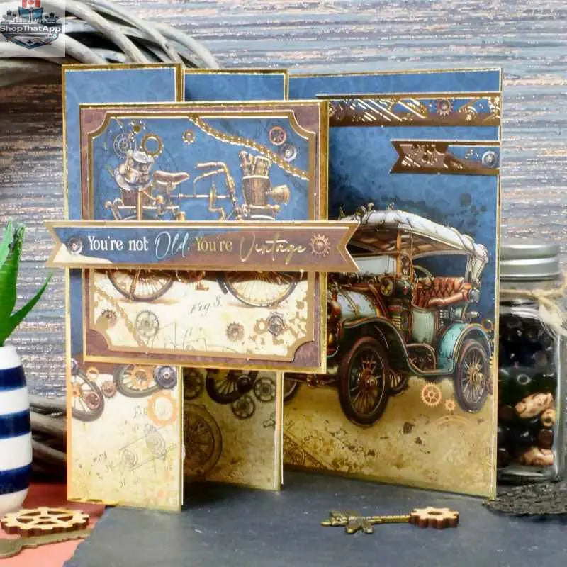 Precut 3D card toppers from Ecstasy Crafts' The Adventure Begins Luxury Topper Set, featuring clockwork and vintage-inspired designs.