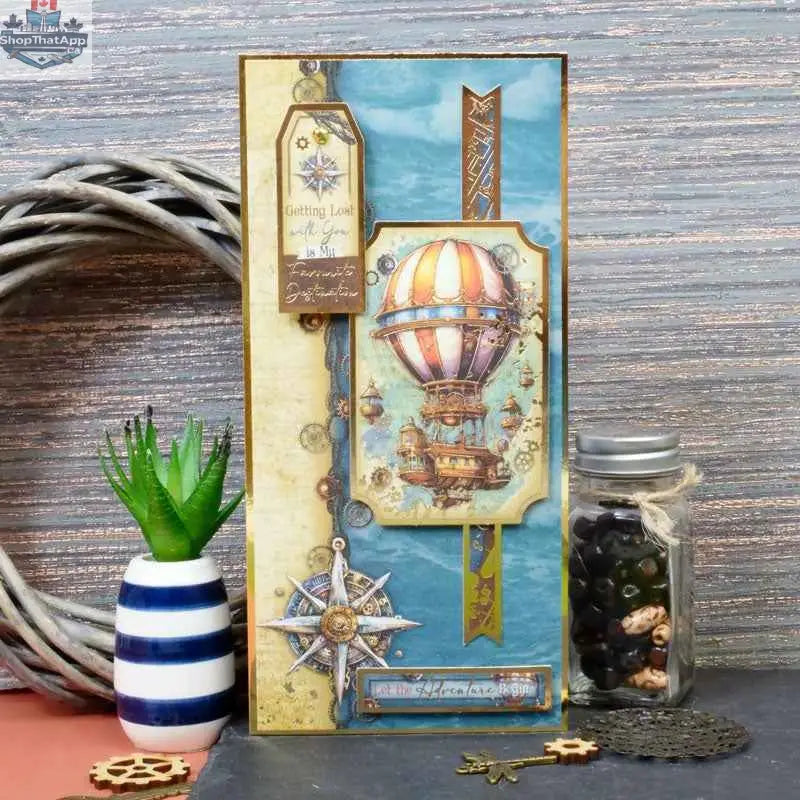 Precut 3D card toppers set featuring clockwork and adventure-themed designs from Ecstasy Crafts' The Adventure Begins Luxury Topper Set.