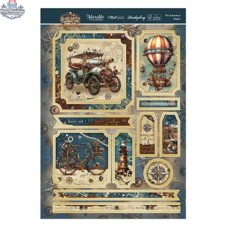 Precut 3D card toppers from Ecstasy Crafts' The Adventure Begins Luxury Topper Set, featuring colorful clockwork designs for crafts.