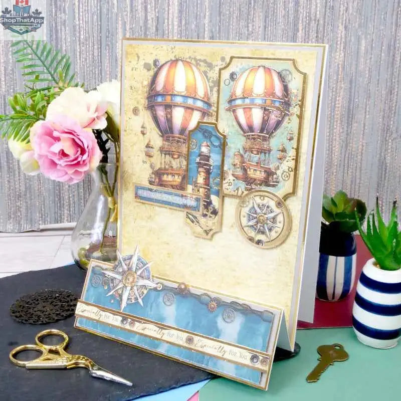 Precut 3D card toppers featuring clockwork designs from Ecstasy Crafts' The Adventure Begins Luxury Topper Set.
