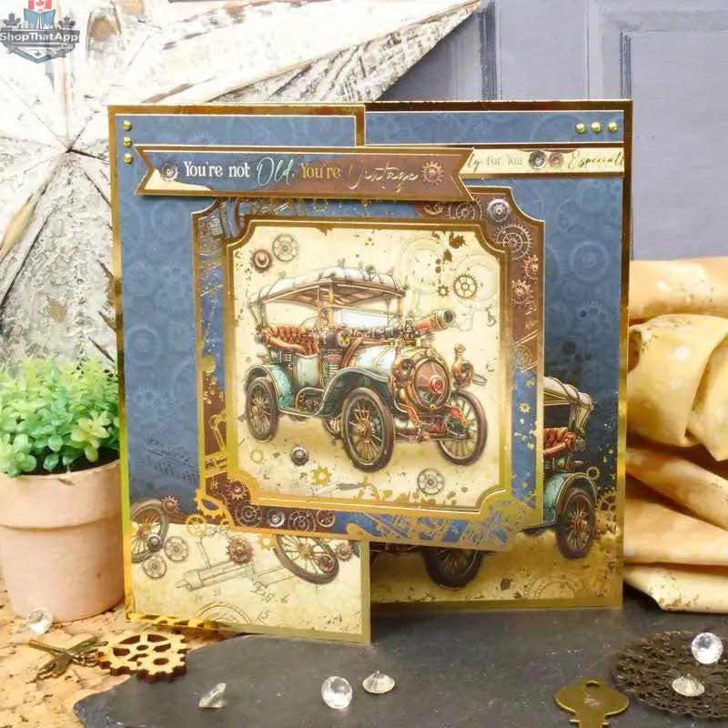 Precut 3D card toppers from the Clockwork Curiosities Luxury Topper Collection by Ecstasy Crafts, featuring intricate steampunk designs.