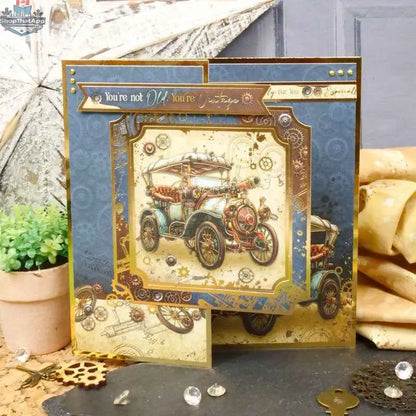 Precut 3D card toppers from the Clockwork Curiosities Luxury Topper Collection by Ecstasy Crafts, featuring intricate steampunk designs.
