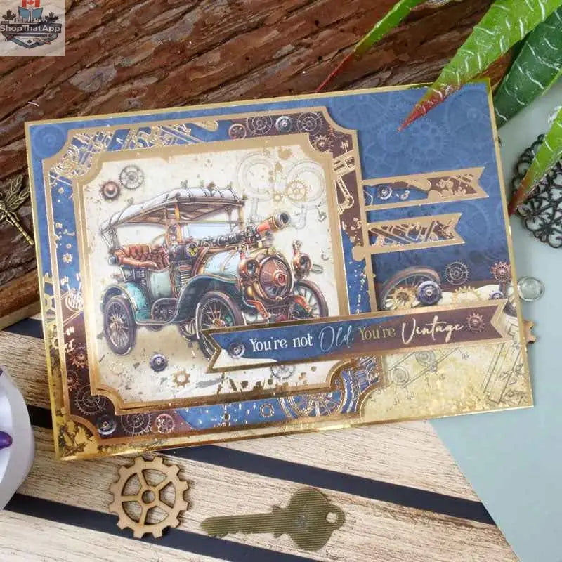 Precut 3D card toppers from Ecstasy Crafts' The Adventure Begins Luxury Topper Set, featuring clockwork and adventure-themed designs.