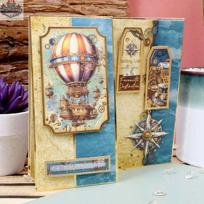 Precut 3D card toppers from Ecstasy Crafts' Clockwork Curiosities Luxury Topper Collection, featuring intricate steampunk-inspired designs.