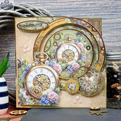 Precut 3D card toppers from Ecstasy Crafts' Clockwork Curiosities Luxury Topper Collection featuring intricate clockwork designs.