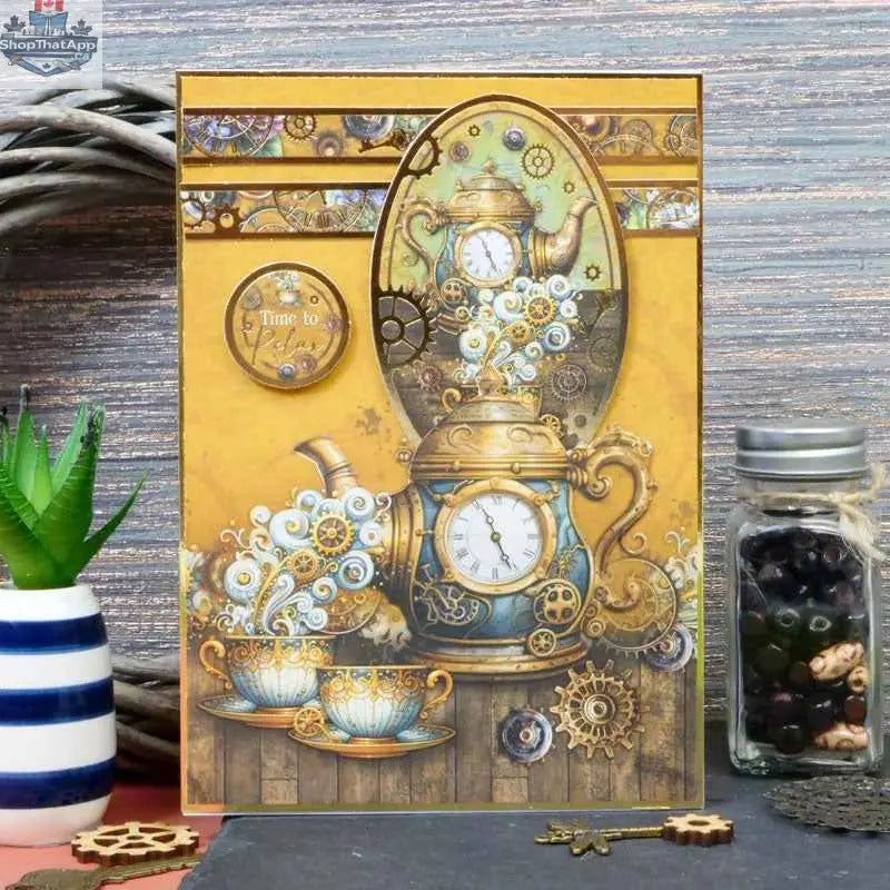 Precut 3D card toppers from Ecstasy Crafts' Clockwork Curiosities Luxury Topper Collection, featuring intricate clockwork designs.