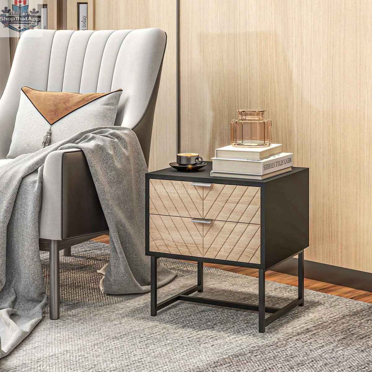 Modern black and oak Emery bedside table with drawers and steel legs, stylish bedroom furniture from SLOTH Nation.