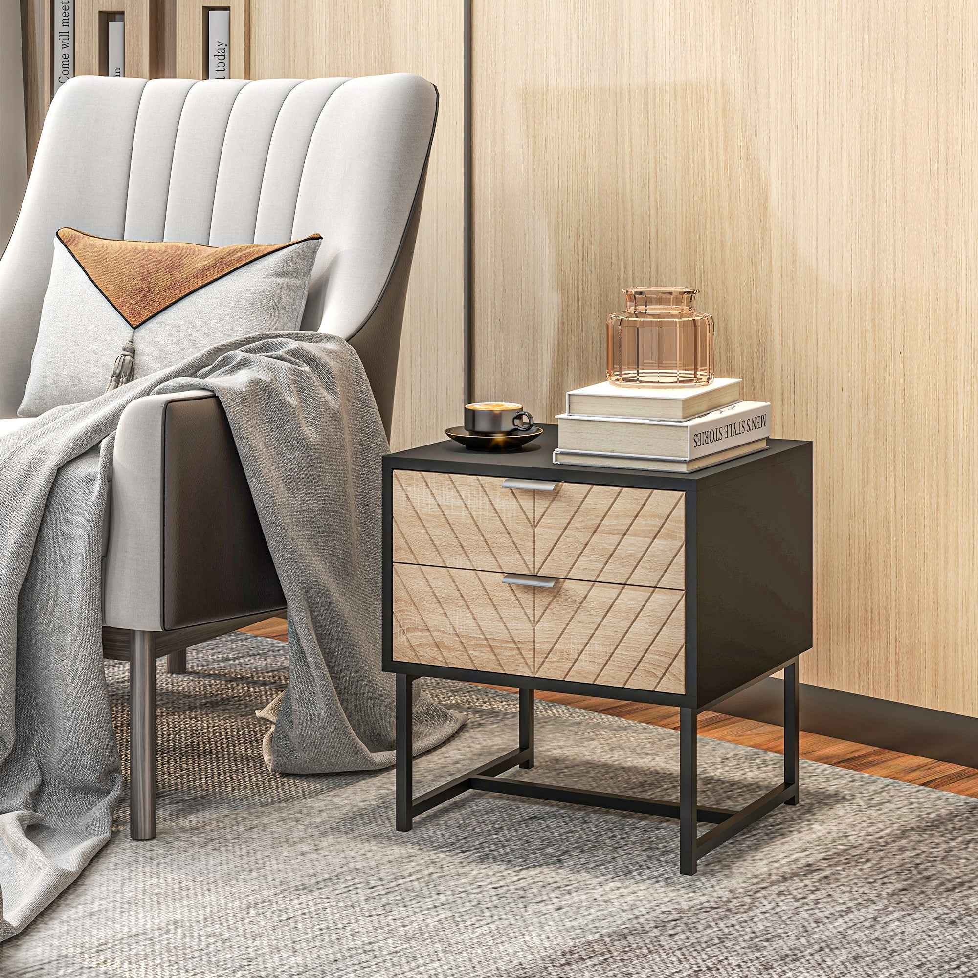 Emery Modern Bedside Table with 2 Drawers and Steel Legs-Black/Oak