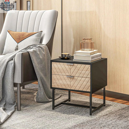 Modern black and oak Emery bedside table with drawers and steel legs, stylish bedroom furniture from SLOTH Nation.