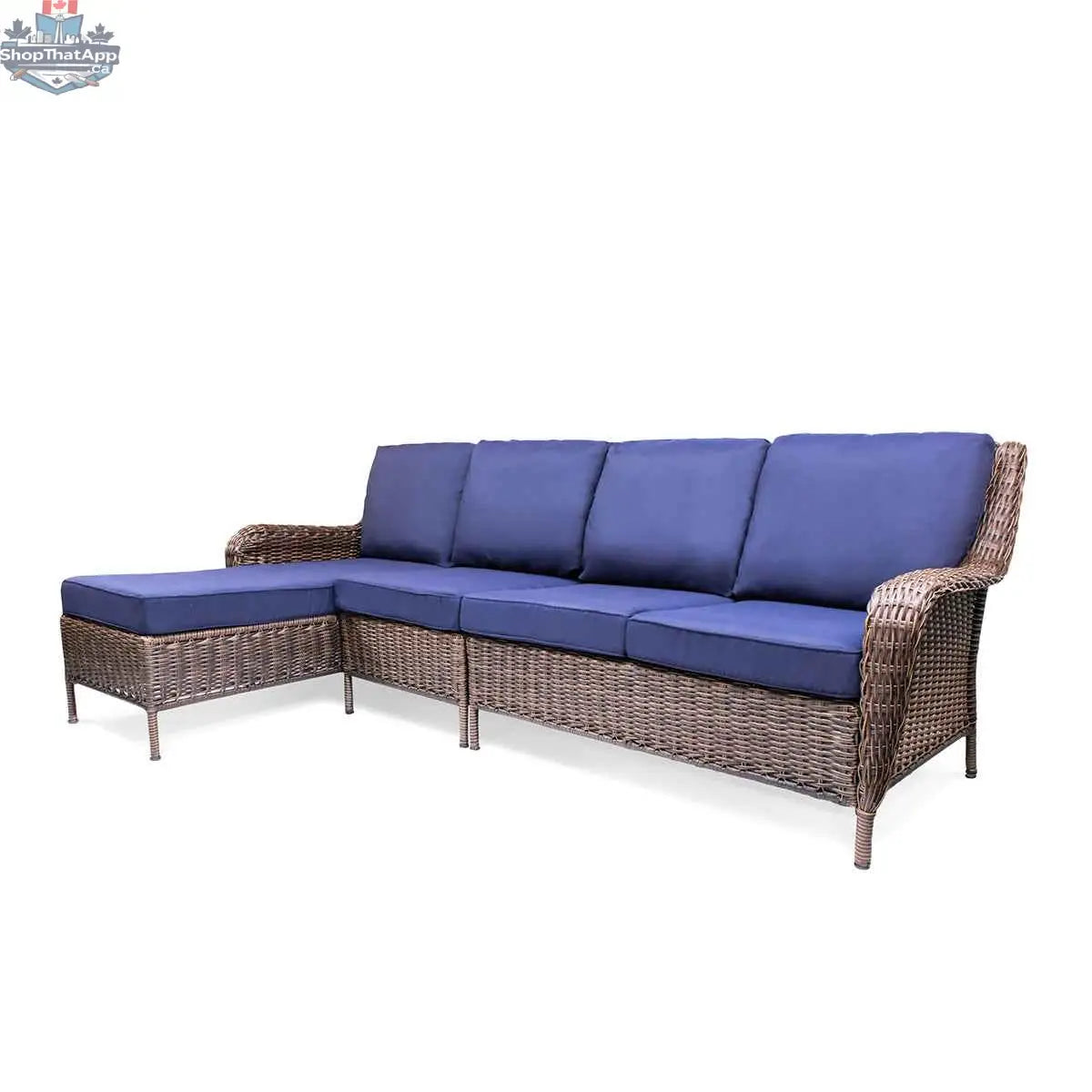 Krikacy Cambridge brown wicker outdoor chaise sectional set with three pieces and indigo cushions, perfect for patio lounging.