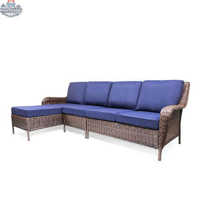 Krikacy Cambridge brown wicker outdoor chaise sectional set with three pieces and indigo cushions, perfect for patio lounging.