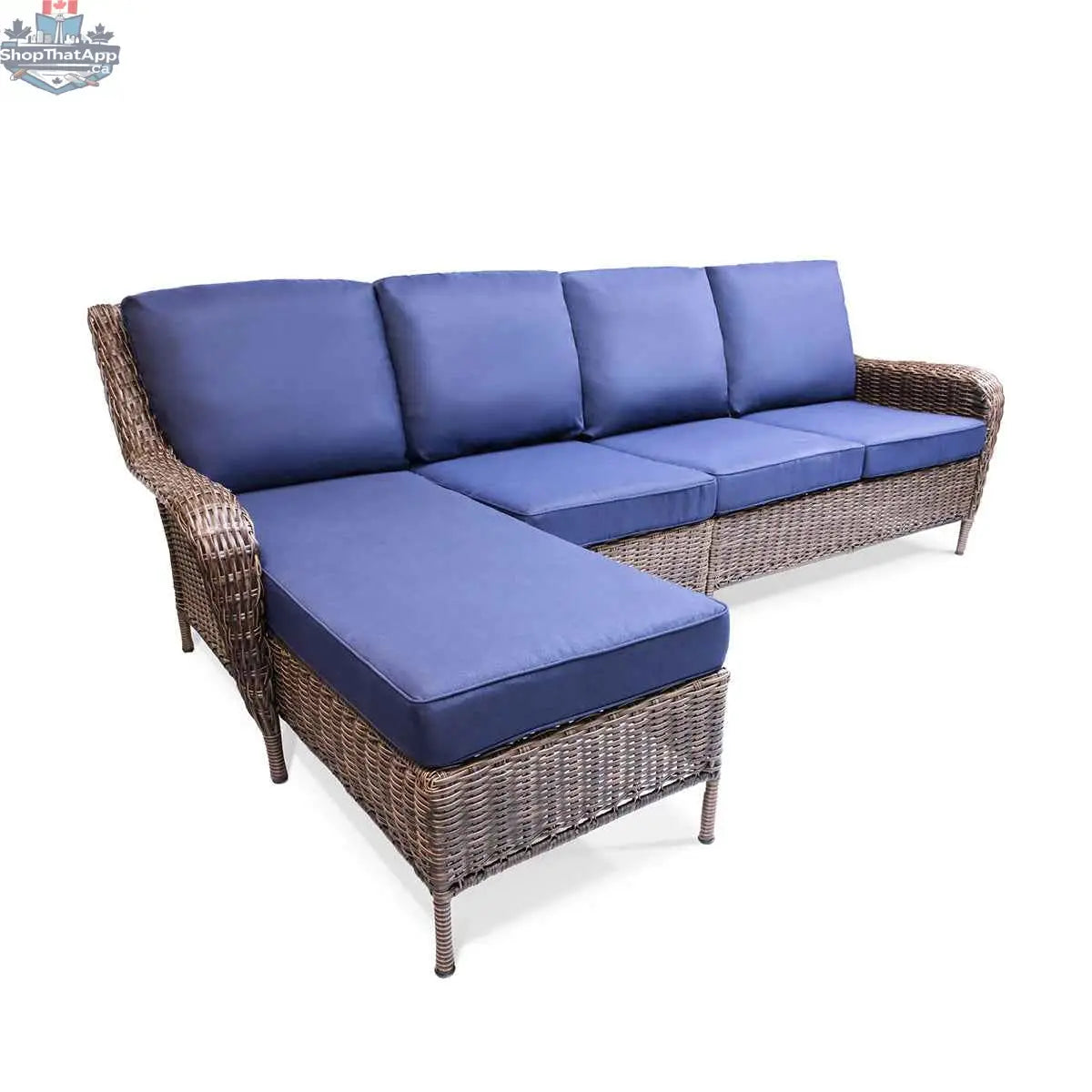 Krkacy Cambridge brown wicker outdoor chaise sectional set with indigo cushions, 3-piece left arm design for patio lounging.