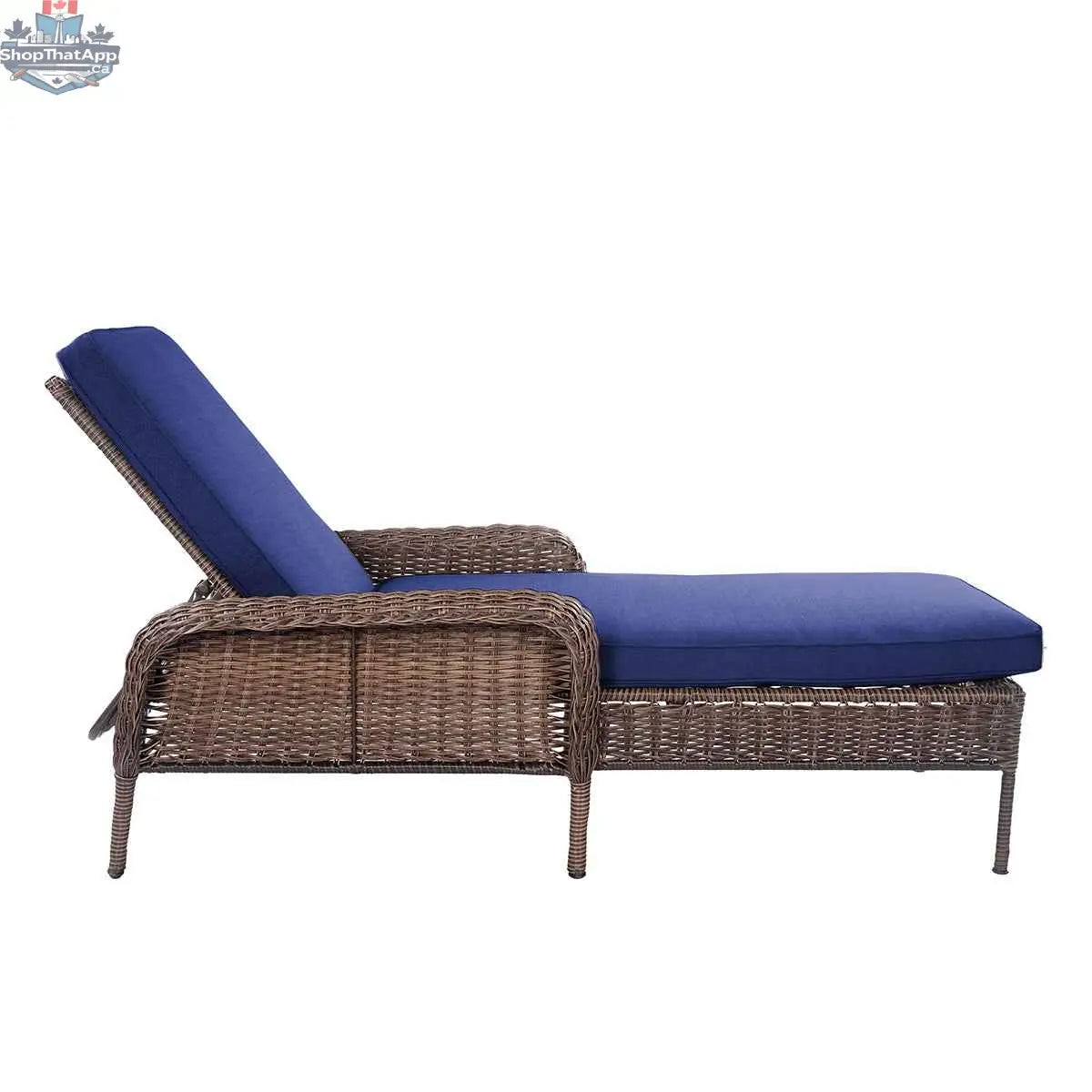 Krikacy Cambridge brown wicker chaise lounge with indigo cushion for outdoor relaxation, featuring a comfortable, stylish design.