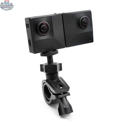 777tech camera handlebar mount for professional cameras, bike mount holder for Insta360 ONE X action camera on a bicycle.