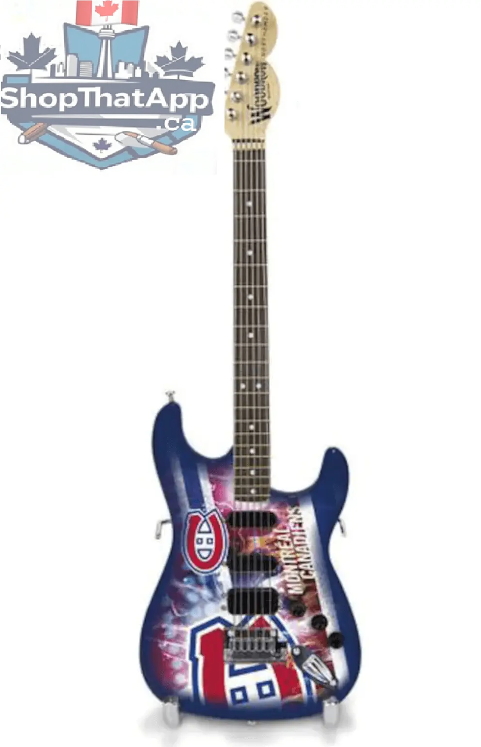 Little Guitars Montreal Canadiens mini guitar, 10-inch collectible with Canadiens logo and team colors, perfect for fans.