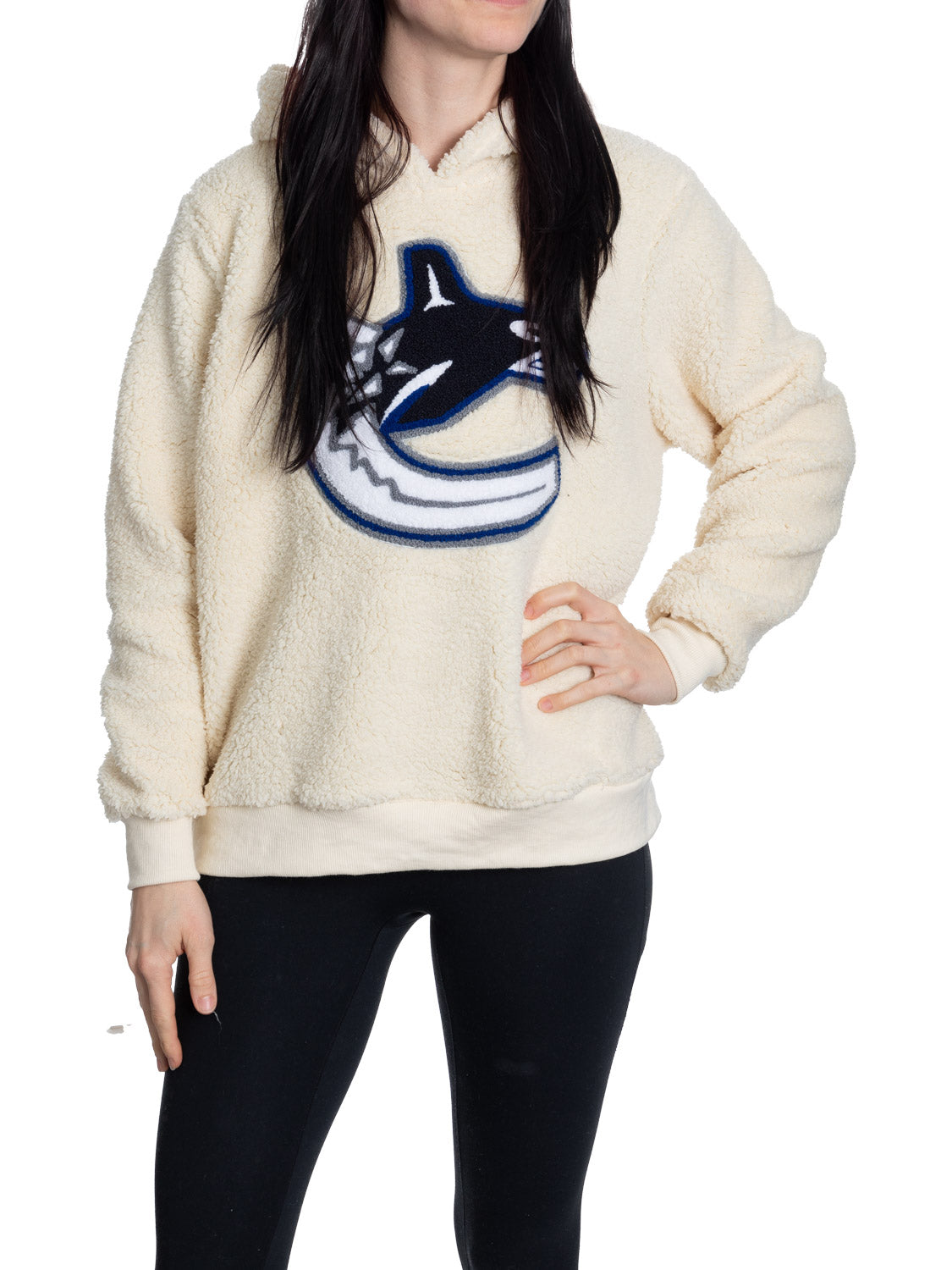 Vancouver Canucks Ladies Sherpa Hoodie with Premium Chenille Logo - Shopthatapp.ca
