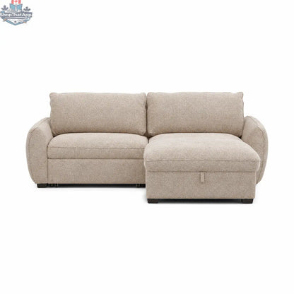 Amira pullout sleeper sectional with storage chaise in oatmeal fabric by Hygge Design House, showing the sofa with pullout bed and storage features.
