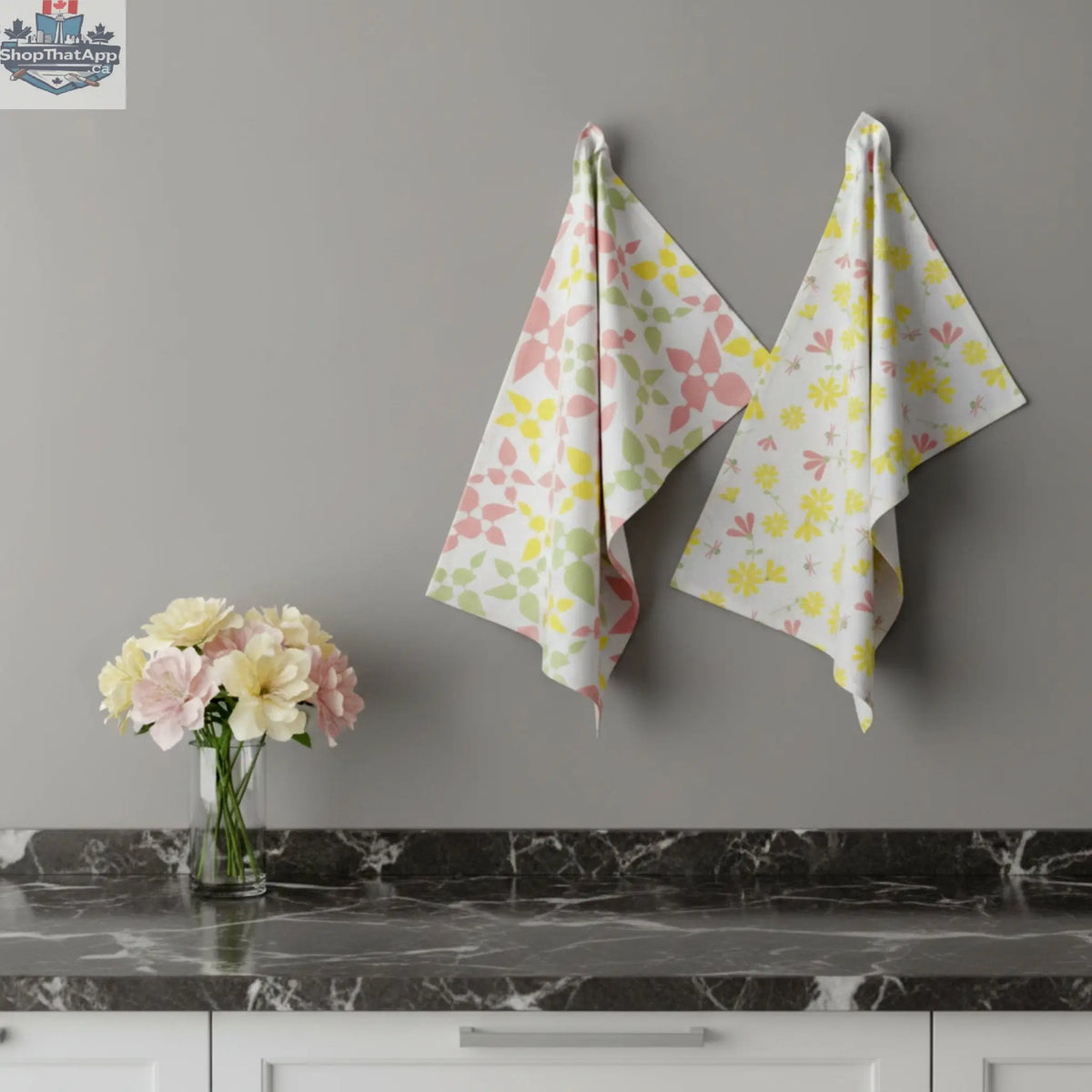 Printed Hem and Tassel Celebration Cotton Tea Towels with colorful dragonfly and floral designs for spring occasions.