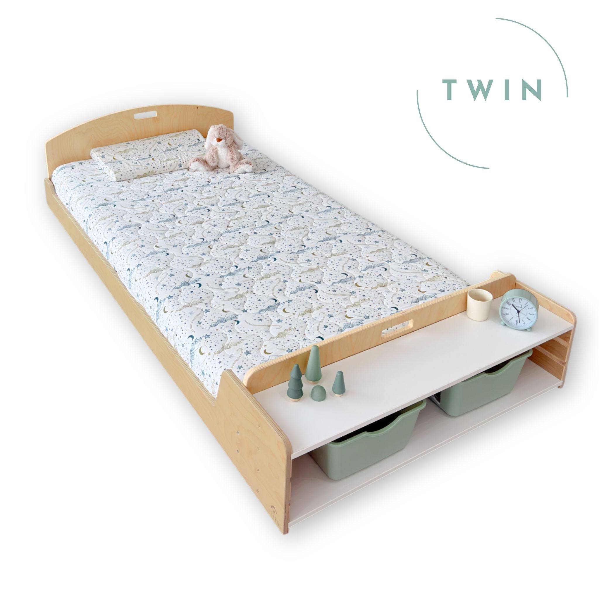CHERRY TWIN Montessori Floor Bed with Shelves for Growing Kids - Shopthatapp.ca