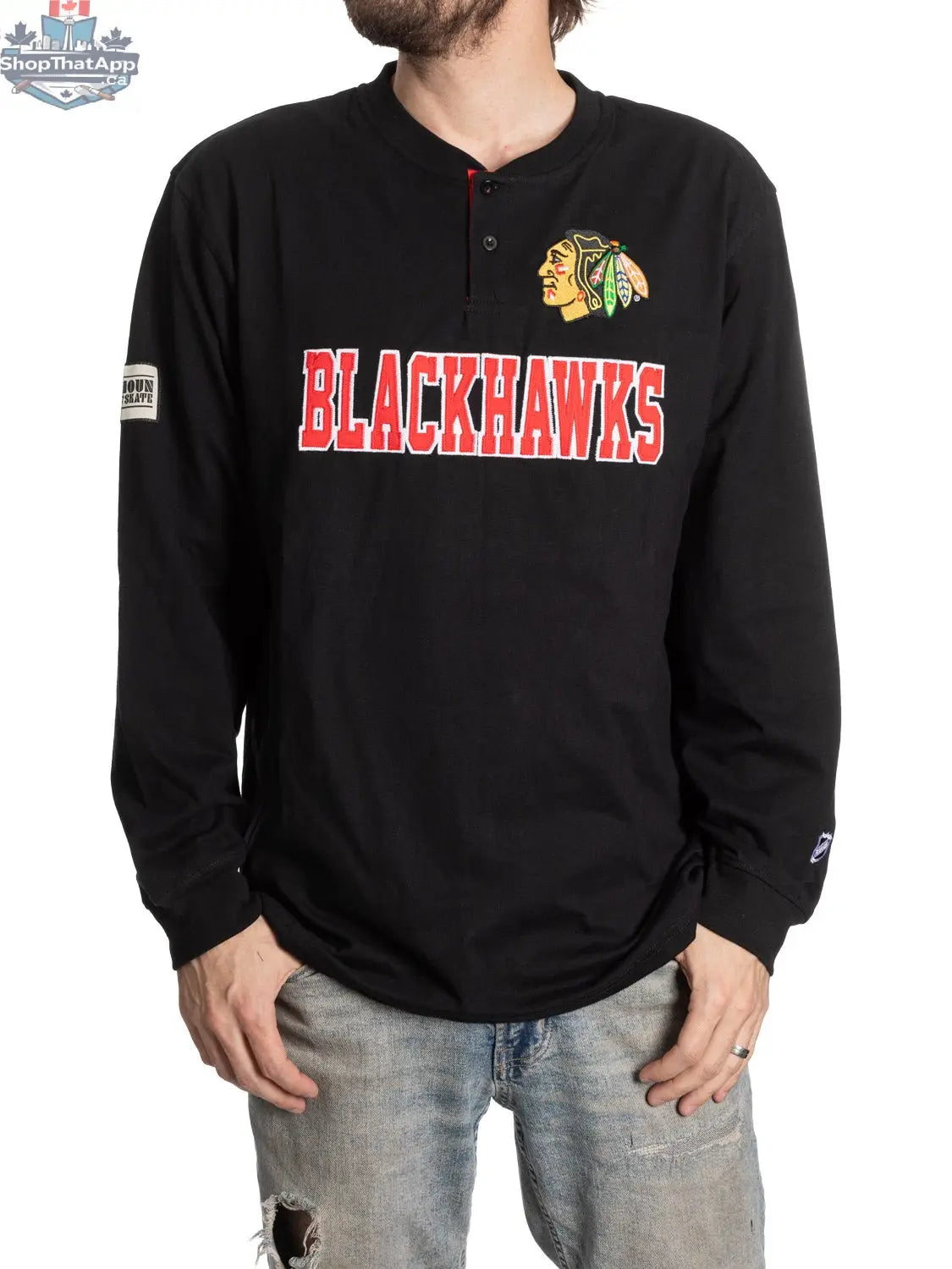 NHL Chicago Blackhawks long sleeve henley shirt by Calhoun Surf N' Skate, featuring team logo and henley neckline in navy and red.