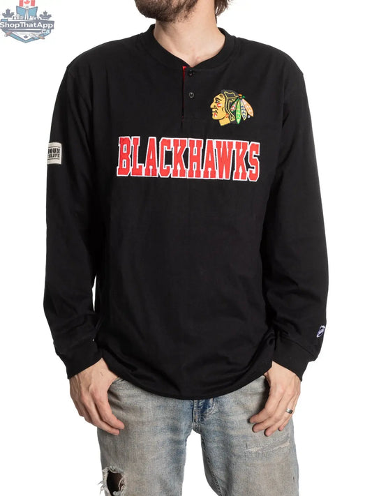 NHL Chicago Blackhawks long sleeve henley shirt by Calhoun Surf N' Skate, featuring team logo and henley neckline in navy and red.