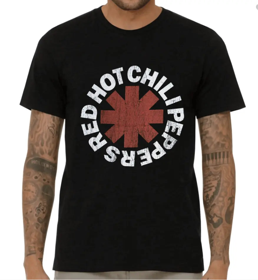 Red Hot Chili Peppers T-shirt by Little Guitars featuring a distressed asterisk design, casual clothing for fans.