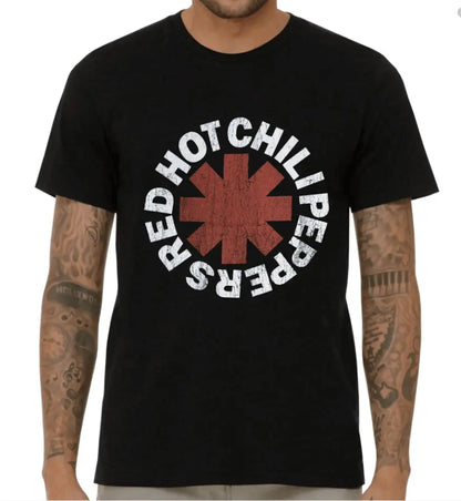 Red Hot Chili Peppers T-shirt by Little Guitars featuring a distressed asterisk design, casual clothing for fans.
