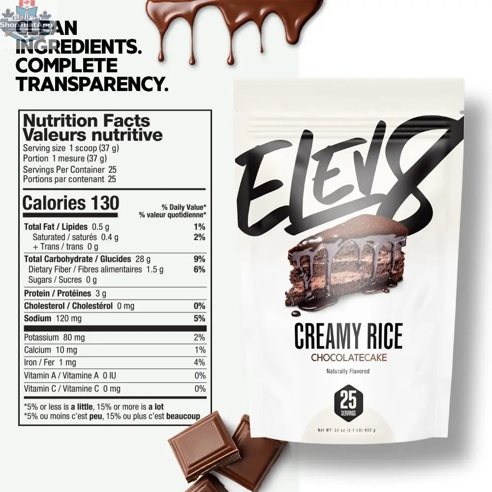 Cream of Rice base for delicious chocolate cake recipe by Elev8, showcasing a rich, moist chocolate cake slice with frosting.