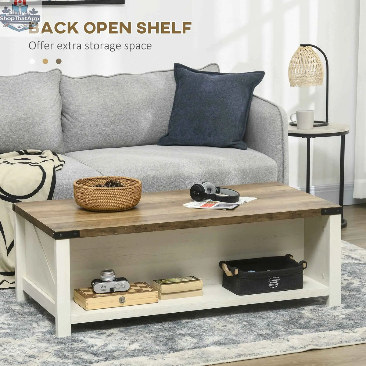 SLOTH Nation Lowen farmhouse coffee table with wooden finish, showcasing a sturdy design and rustic style for living room decor.