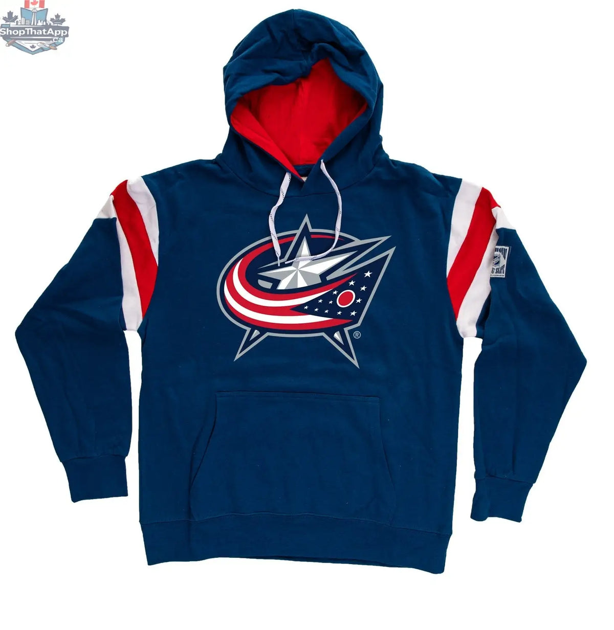 Calhoun Surf N' Skate Columbus Blue Jackets retro varsity hoodie, flat front view showing team logo and classic design.