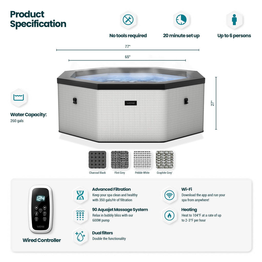 Wave | Como | 6-Person Eco Foam Hot Tub | Octagon | Built-In Integrated Heater - Www.Shopthatapp.ca